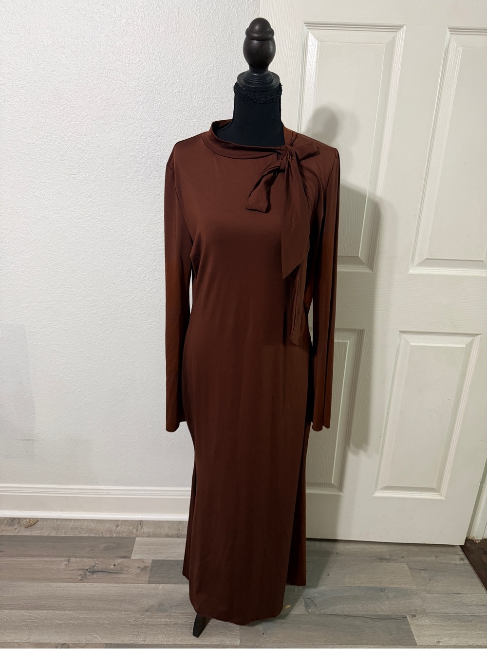 Amazon Brown Long Sleeve Tie-Neck Maxi Dress